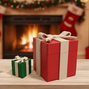 Könnte beinhalten: Zwei dekorative Geschenkboxen. Eine ist rot mit cremefarbenem Band und Schleife, die andere ist grün mit cremefarbenem Band und Schleife. Die Boxen stehen auf einer Holzoberfläche, mit einem Kamin und Weihnachtsdekorationen im Hintergrund.