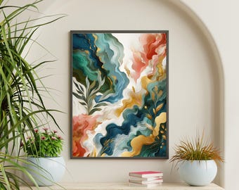 Abstract Wall Art: Modern Decor Print, Teal Blue Botanical Flow, Gold Accent (Digital Download)