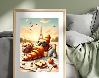 Croissant Wall Art: Whimsical Paris Food Art, French Bakery Print, Eiffel Tower (Digital Download)