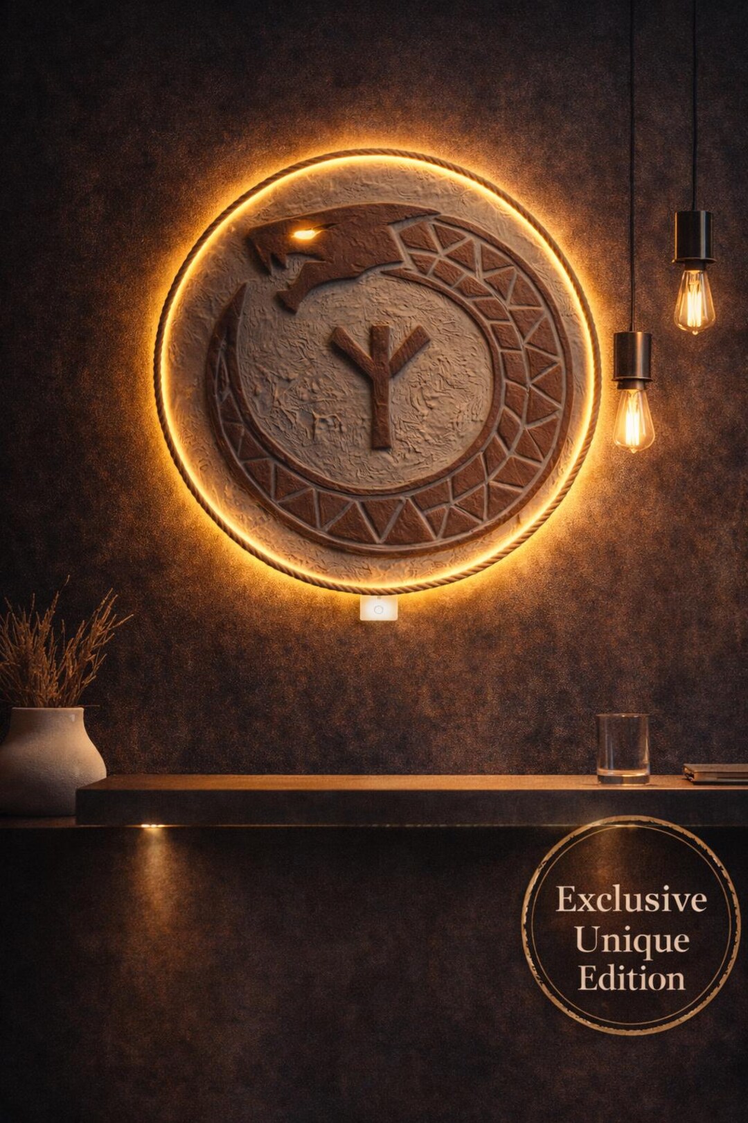 Protection Runes On Wall Algiz Rune Protection Amulet Wall Art With LED – Viking Ouroboros Home ...