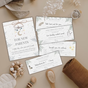 Puede incluir: Un conjunto de vales de regalo con temática de bebé con el texto "FOR NEW PARENTS". Los vales incluyen opciones de "ME TIME", "HOME-COOKED MEAL", "NIGHT OFF" y "BABYSITTING". La imagen también incluye un chupete, un mordedor de madera y un cepillo para bebés.