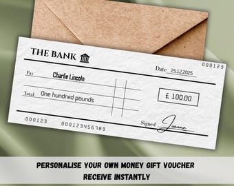Buono regalo con assegno - Assegno bancario falso a sorpresa, regalo di denaro personalizzato, download immediato e stampabile per compleanno o Natale