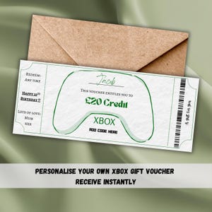 May include: A white Xbox gift voucher with a green controller outline, featuring the name "Jacob" and "£20 Credit." The voucher is paired with a brown envelope. Text includes "Happy 10th Birthday!!" and "Personalise your own Xbox gift voucher."