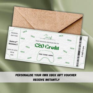 May include: A white Xbox gift voucher with green text and a brown envelope. The voucher reads "Happy 10th Birthday!!" and "£20 Credit". The text "Personalise your own Xbox gift voucher" is at the bottom.