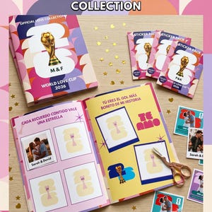 Pode incluir: Uma coleção de álbum de figurinhas para casais com um livro intitulado WORLD LOVE CUP 2026, pacotes de figurinhas e fotos adesivas. As páginas contêm texto em espanhol, confetes de estrelas douradas e uma tesoura de cor cobre.