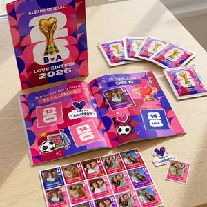 May include: A 2026 Love Edition sticker album featuring a gold trophy graphic, several sealed sticker packets, an open album with colourful pages displaying football-themed heart graphics, and a sheet of individual photo stickers with couples.