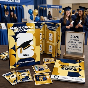 May include: A graduation album collection featuring a blue and gold cover with the text "ÁLBUM OFICIAL DE GRADUACIÓN 2026 EDICIÓN ESPECIAL," a matching smaller album, sticker packets, and a sign reading "2026 OFFICIAL GRADUATION ALBUM COLLECTION - NOW AVAILABLE."