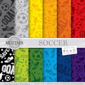 Op de afbeelding: Een collectie van twaalf digitale papieren met voetbalthema-patronen in diverse kleuren, waaronder grijs, geel, oranje, rood, zwart, groen, blauw en paars. Elk patroon toont voetballen, voetbalschoenen, spelers en de woorden GOAL, KICK en SAVE.