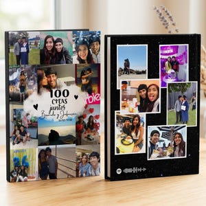 Puede incluir: Dos álbumes de fotos rectangulares con collages de varias fotografías personales. La portada del álbum izquierdo muestra el texto 100 CITAS juntos Brenda y Jeferson 31/12/2018. La portada derecha tiene un fondo negro estrellado y un código Spotify.