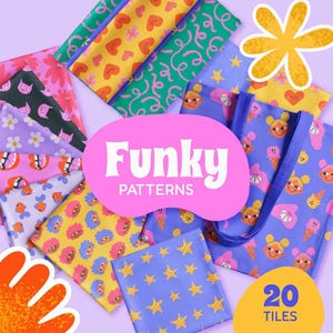 Puede incluir: Una colección de veinte baldosas de tela con diversos estampados coloridos que incluyen corazones, espirales, estrellas, flores, peces, conos de helado y caras. Una etiqueta rosa central muestra el texto Funky PATTERNS y 20 TILES.