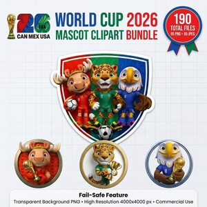以下が含まれることがあります： 2026年ワールドカップのマスコット（ヘラジカ、ジャガー、ワシ）を収録したデジタルクリップアートバンドル。合計190ファイル（PNG 95点、JPEG 95点）が含まれ、解像度は4000x4000ピクセル、背景は透明です。