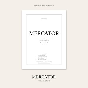Op de afbeelding: Een wit papier met de titel "MERCATOR" en de tekst "a second brain planner". De bovenkant van het papier luidt "A SECOND BRAIN PLANNER". De onderkant van het papier luidt "MERCATOR for the reMarkable."
