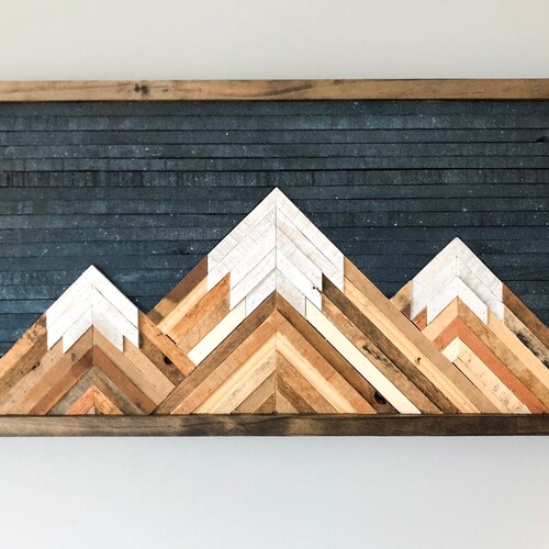 Rustic Mountain Wood Wall Art Asymmetrical With Night Sky Etsy