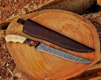 Handmade Damascus Steel Fillet Knife: Natural Bone Handle, Leather Sheath.