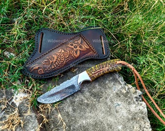 Cuchillo vaquero de acero de Damasco con funda de cuero auténtica para extracción cruzada, regalo para él, regalo de Navidad
