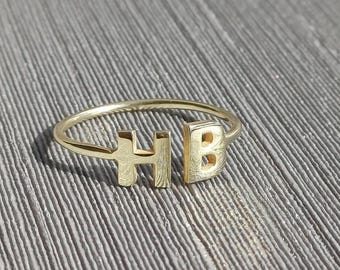14K Gold Minimalist Tiny Initial Letter Ring, Personalized Stackable Alphabet Duo Name Jewelry, Best Friend Gift