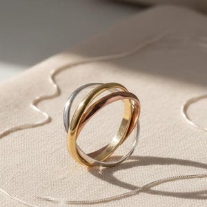 Könnte beinhalten: Ein Ring mit drei Bändern in Silber-, Gold- und Roségoldtönen. Die Bänder sind miteinander verwoben und bilden ein einzigartiges Design. Eine silberne Kette liegt auf einer beigen Oberfläche und verleiht der Komposition eine zarte Note.