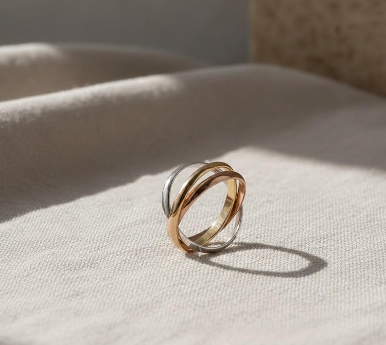 14K Gold Trinity Rolling Ring, Tri Color Interlocking Bands, Russian ...