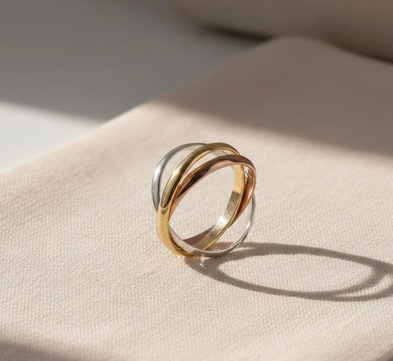 14K Gold Trinity Rolling Ring, Tri Color Interlocking Bands, Russian ...