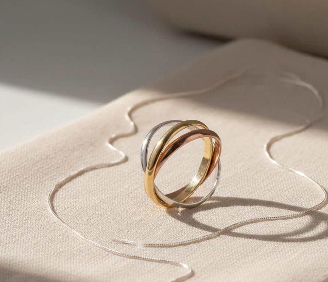 14K Gold Trinity Rolling Ring, Tri Color Interlocking Bands, Russian ...