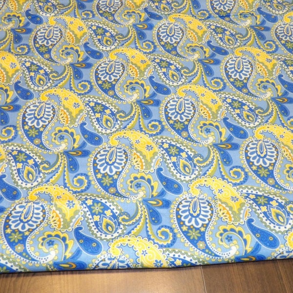 Blue Yellow White Paisley Print Cotton Fabric, 1 yard