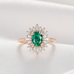 Oval Emerald Engagement Ring: Art Deco Diamond Halo, 14k Rose Gold