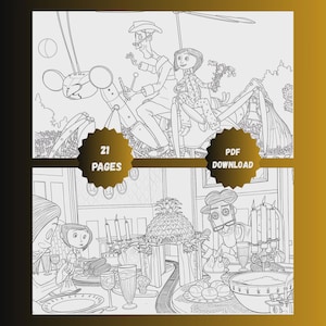 May include: Black and white line art illustration of a coloring book with two scenes. The top scene shows two characters riding a mechanical insect. The bottom scene depicts a dinner table with several characters. Text on the image reads "21 PAGES" and "PDF DOWNLOAD".