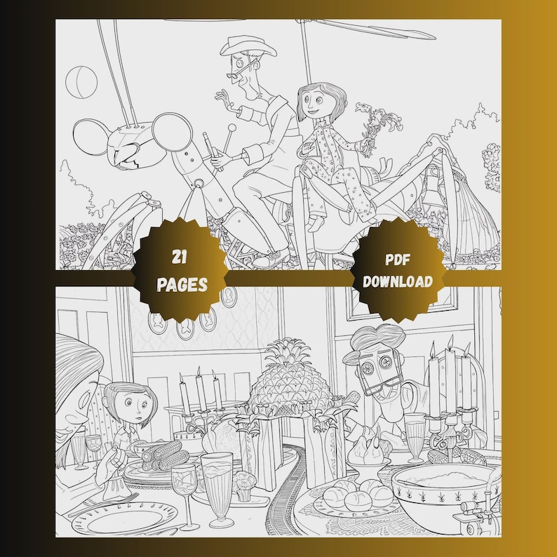 May include: Black and white line art illustration of a coloring book with two scenes. The top scene shows two characters riding a mechanical insect. The bottom scene depicts a dinner table with several characters. Text on the image reads "21 PAGES" and "PDF DOWNLOAD".