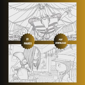May include: Black and white line art illustration of a circus scene and a kitchen scene. The circus scene features a character in a decorated chair. The kitchen scene shows two characters. Text on the image reads "21 PAGES" and "PDF DOWNLOAD".