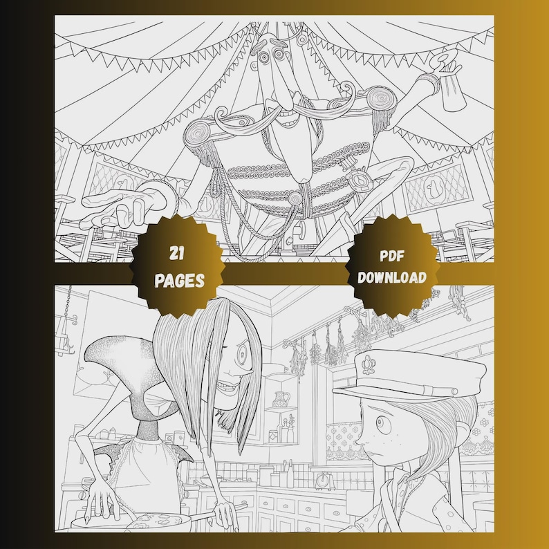 May include: Black and white line art illustration of a circus scene and a kitchen scene. The circus scene features a character in a decorated chair. The kitchen scene shows two characters. Text on the image reads "21 PAGES" and "PDF DOWNLOAD".