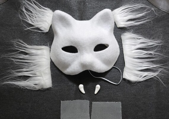 DIY Therian Felted Cat Mask Base Kit: Blank White Base with Fangs