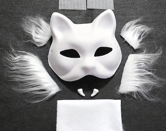 Fully DIY Therian Cat Mask Kit Plain White Blank Base Furry Fangs Eye Mesh Felt