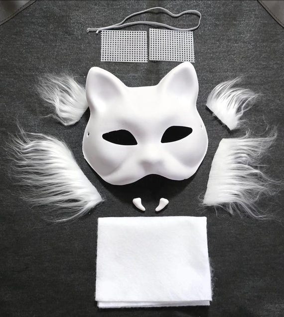 Fully DIY Therian Cat Mask Kit Plain White Blank Base Furry Fangs Eye Mesh Felt