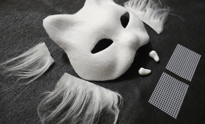 DIY Therian Felted Cat Mask Base Kit: Blank White Base with Fangs image 3