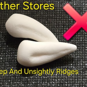 May include: Two white, curved, tooth-shaped objects with visible surface indentations. The text "Other Stores" appears in yellow at the top, a large pink "X" is on the right, and "Deep And Unsightly Ridges" is in yellow at the bottom.