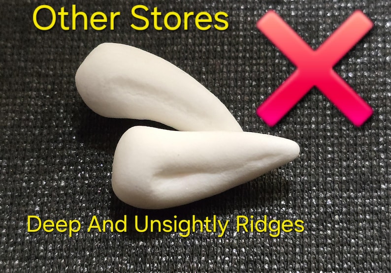 May include: Two white, curved, tooth-shaped objects with visible surface indentations. The text "Other Stores" appears in yellow at the top, a large pink "X" is on the right, and "Deep And Unsightly Ridges" is in yellow at the bottom.