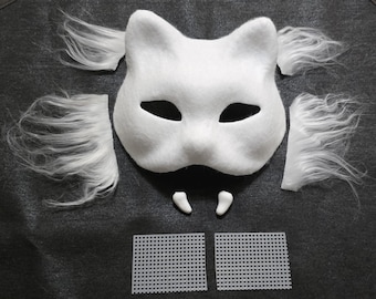 DIY Therian vilten kattenmasker basisset: blanco witte basis met hoektanden