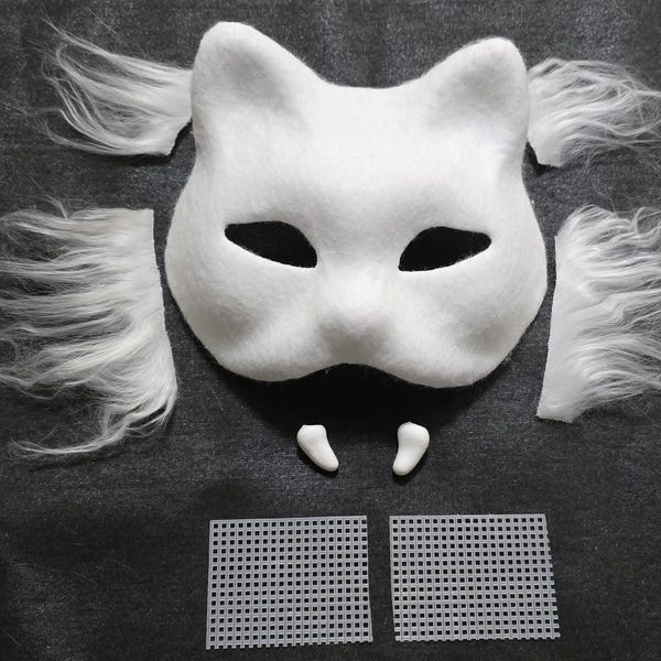 DIY Therian Felted Cat Mask Base Kit: Blank White Base with Fangs