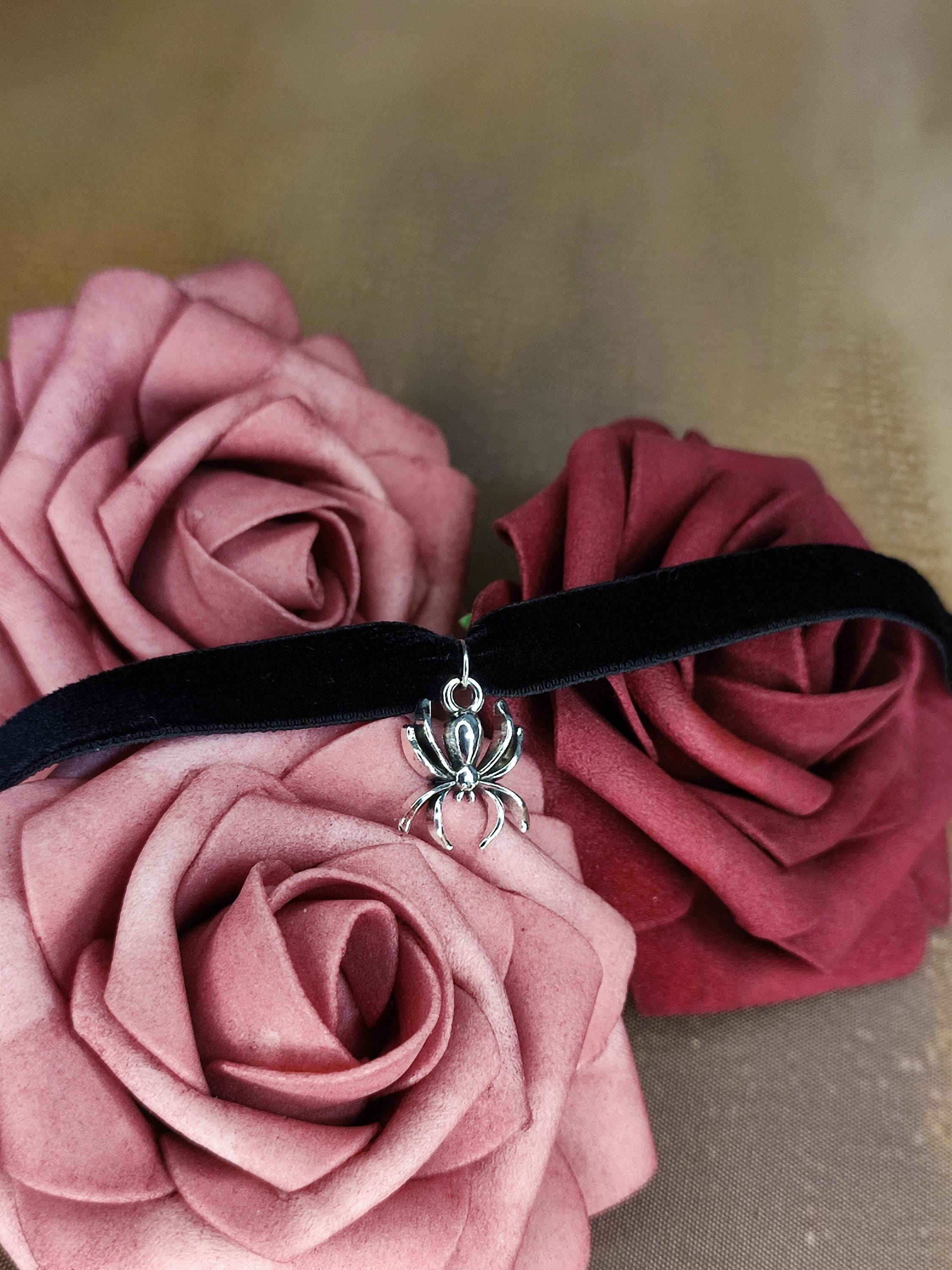 Black Gothic velvet choker with silver spider pendant - elastic and customizable to your desired length