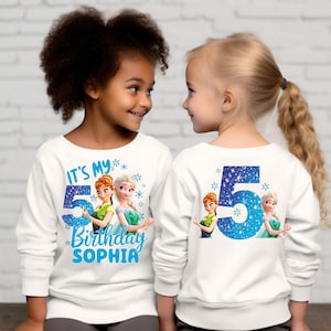 two young girls wearing matching sweatshirts that say it's my 5th birthday so