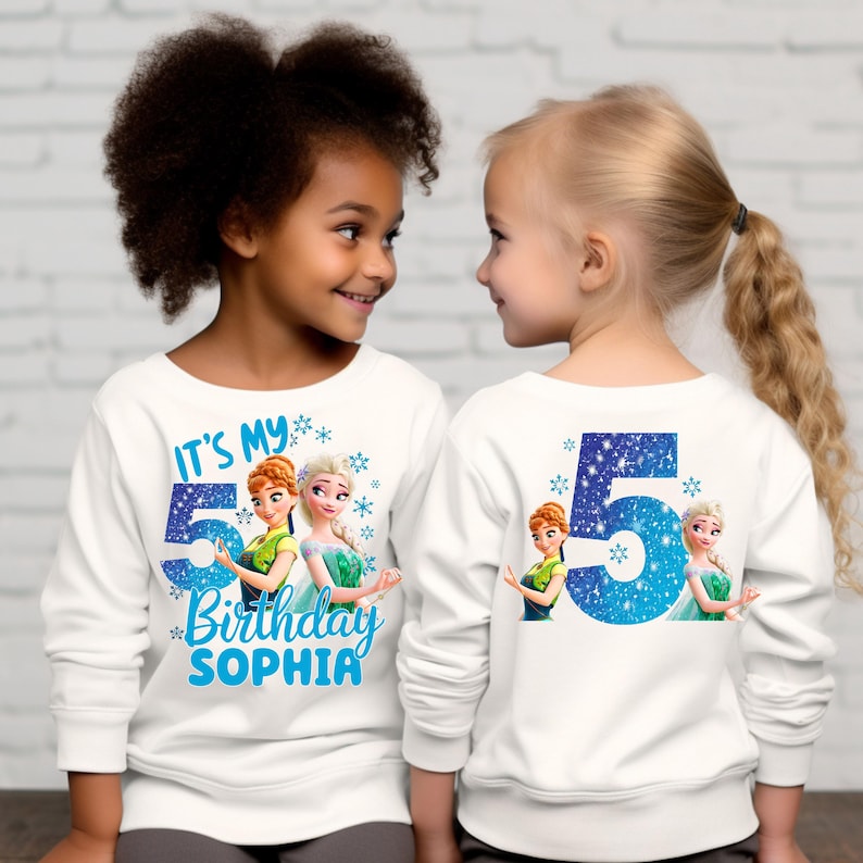 two young girls wearing matching sweatshirts that say it's my 5th birthday so
