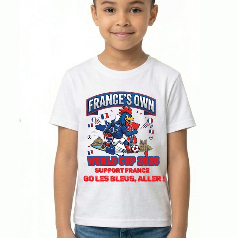 A young boy wearing a white t-shirt with a graphic design featuring a rooster and various French-related imagery, along with the text "FRANCE'S OWN WORLD CUP 2026 SUPPORT FRANCE GO LES BLEUS, ALLER!"