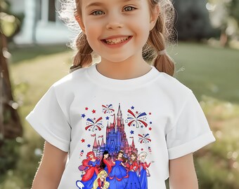 Disney Princess Castle 4th of July Shirt, Disney Castle US Flag Tee, Patriotic Disney Family Shirt, Princess Elsa Anna Tiana 4th Shirt