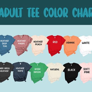 a color chart with various adult t-shirt colors, including maroon, teal, peach, red, orange, white, blue, and navy.