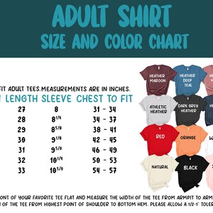 The image is an adult shirt size and color chart, which includes a variety of adult shirts in different sizes and colors. The chart provides measurements for each shirt size and color, allowing customers to choose the most suitable option based on their preferences.