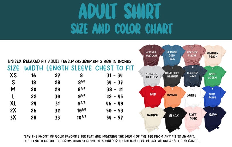 The image is an adult shirt size and color chart, which includes a variety of adult shirts in different sizes and colors. The chart provides measurements for each shirt size and color, allowing customers to choose the most suitable option based on their preferences.