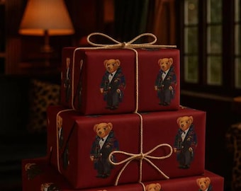 Polo Teddy Bear Gift Wrap Burgundy Christmas Wrapping Paper Ralph Lauren Xmas Inspired