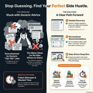 K&ouml;nnte beinhalten: Infografik mit dem Text "Stop Guessing. Find Your Perfect Side Hustle." Sie zeigt das Problem allgemeiner Ratschl&auml;ge und einen klaren Weg nach vorne. Die Grafik umfasst Schritte wie gef&uuml;hrte Entdeckung und datengest&uuml;tzte Deep Dives, mit Marktnachfragefaktoren.