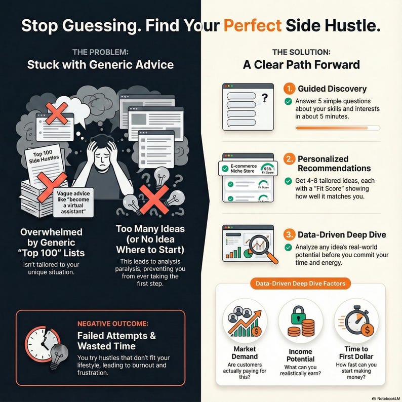K&ouml;nnte beinhalten: Infografik mit dem Text "Stop Guessing. Find Your Perfect Side Hustle." Sie zeigt das Problem allgemeiner Ratschl&auml;ge und einen klaren Weg nach vorne. Die Grafik umfasst Schritte wie gef&uuml;hrte Entdeckung und datengest&uuml;tzte Deep Dives, mit Marktnachfragefaktoren.