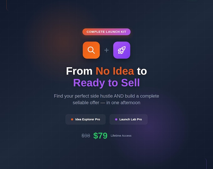 Featured listing image: Complete Side Hustle Launch Kit | AI Idea Finder + Offer Builder Bundle | Find Your Niche & Start Selling | Instant Access